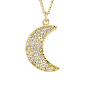 Pave CZ Moon Crescent Pendant Necklace