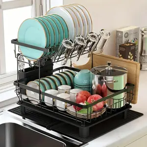 2-tier Stainless Steel Dish Drying Rack, Kitchen Counter Organizer with Cutlery Holder, Dish Drying Rack for Dishes, Bowls, Cutlery and Spoons, Countertop Dish Rack, Dish Drainer, Dish Drying Organiser, Kitchen Storage Rack
