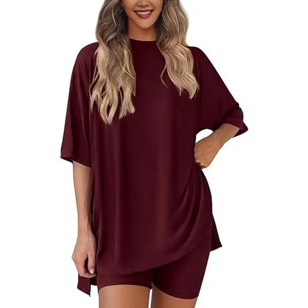 PHEFEE Women's 2 Piece Shorts Set Oversized T Shirt with Side Splits and High Waist Shorts Comfy Solid Lounge and Workout Outfit, XS 4XL