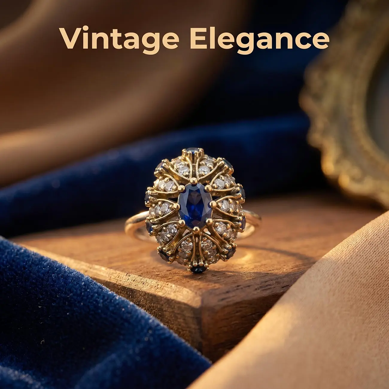Women's Vintage Cluster Style Blue Stone Colored Gemstone Sapphire Ring - Elegant Synthetic Sapphire and Cubic Zirconia Eye-Catching Cocktail Ring, Vintage Rings, Sapphire Rings