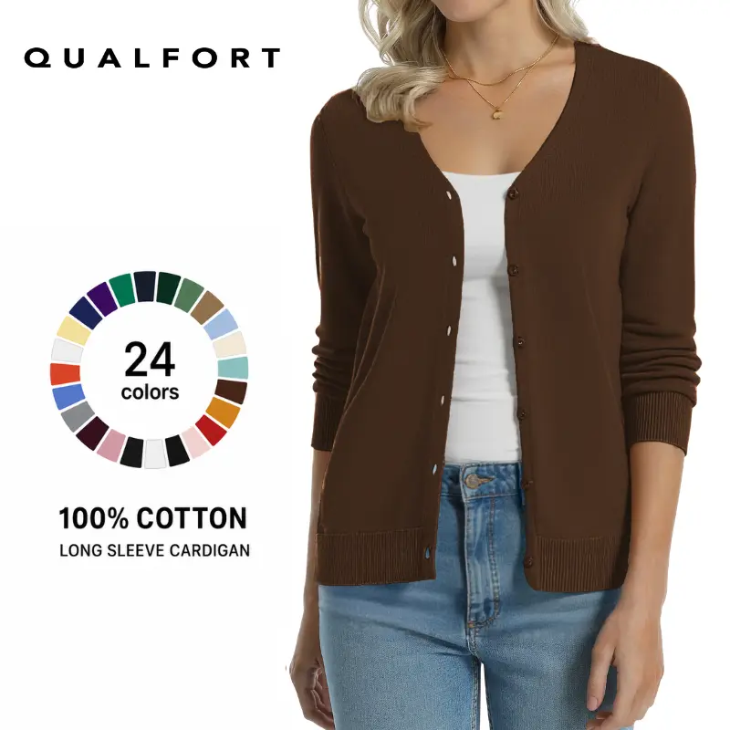 QUALFORT Women's Classic Knitted Cardigan, 100% Cotton Long Sleeve Button-Down Sweater, Lightweight Regular Fit for Office & Everyday Wear, Check, Knitwear, Checkered Print