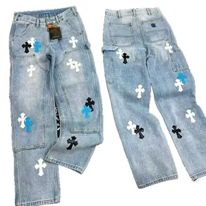Blue Patch Patterned Stone WashDenim Cargo Jeans, Loose Baggy Wide Leg Ankle Work Pants Fit For Big Thigh, Y2K Streetwear Skater Style Spring Casual Back To School Outfits For Men