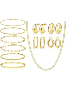 8/9/11 Pcs Gold Jewelry Set for Women Dainty Gold Plated Chunky Hoop Earrings Bracelets Stack Herringbone Necklace Maximalist Jewelry Fashion Costume Accessories Women's Jewelry Set