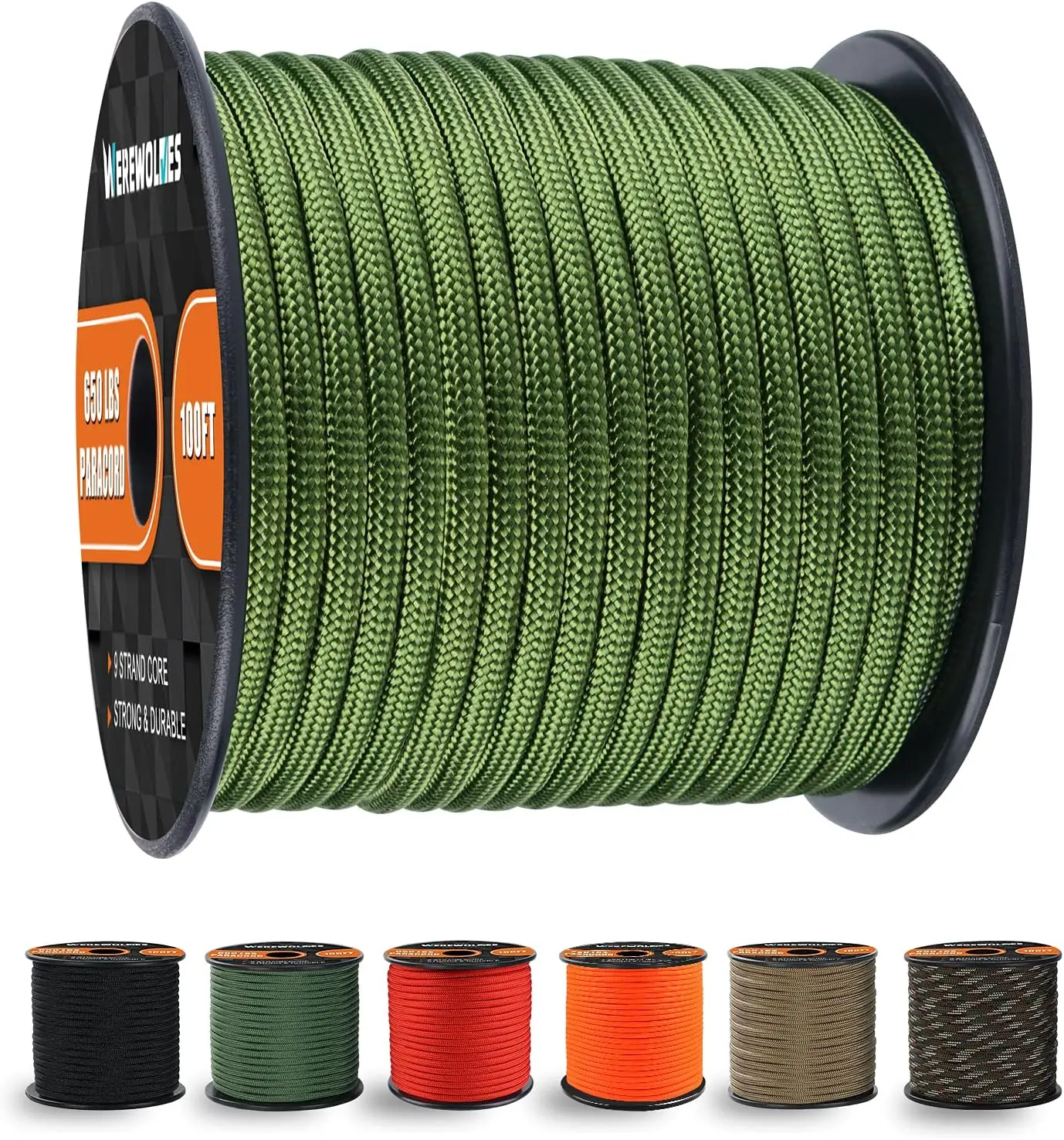 650lb Paracord/Parachute Cord - 9 Strand Paracord Rope - 100', 200' Spools of Parachute Cord, Type III Paracord for Camping, Survival