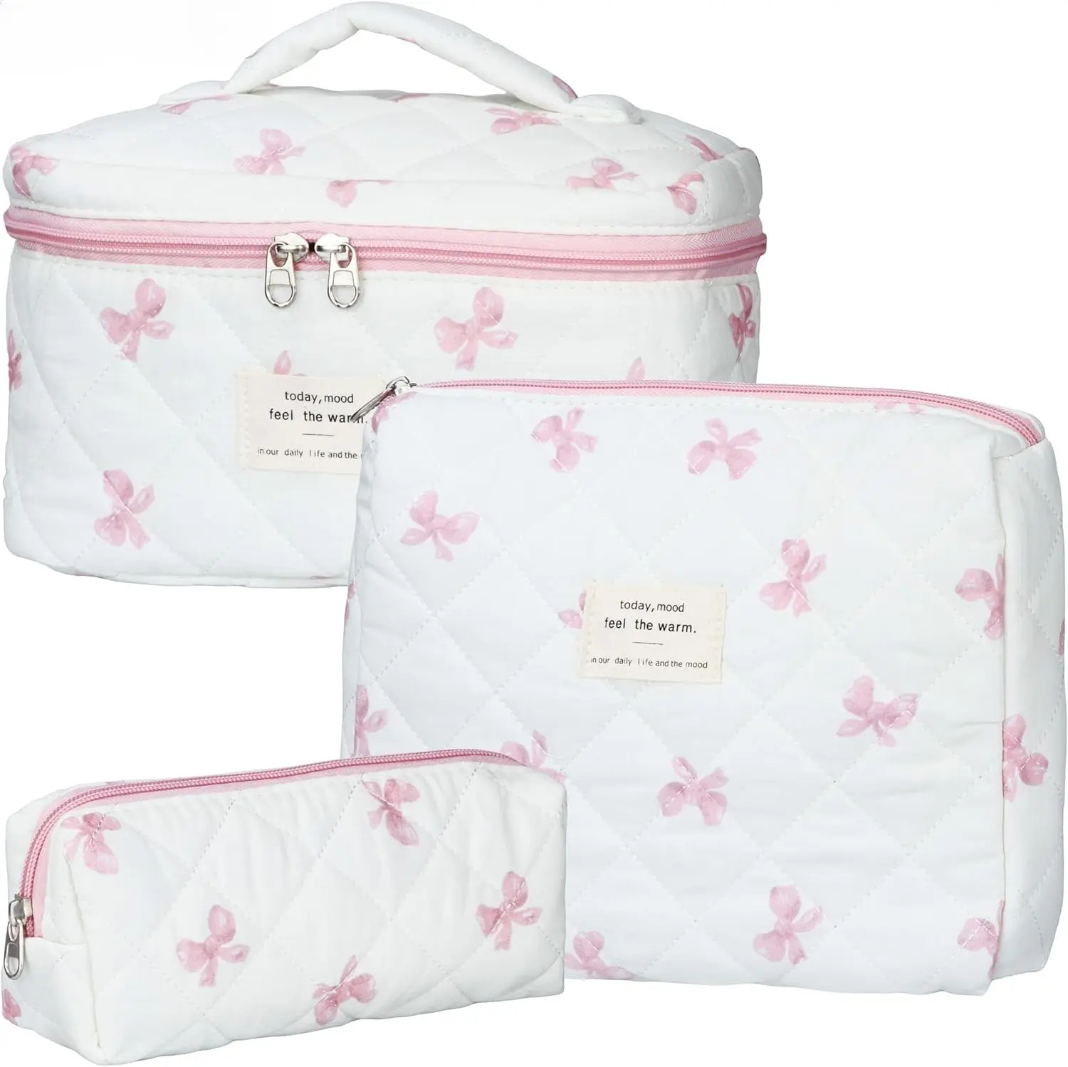 Quilted Cosmetic Bag Set, 3-Piece Floral Padded Cotton Pouches for Women, Reusable High-Capacity Travel Makeup Organizer