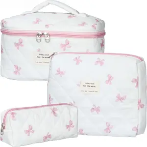3Pcs Quilted Cotton Makeup Bag Set - Cute Bow Print Cosmetic Organizer, Portable Travel Toiletry Bag for Women, Large Capacity Storage Pouch
