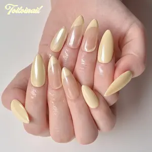 Butter Shine Handmade Press-On Nails | Medium Almond Shape, 10pcs Handmade | Butter Yellow Nude Pink Two Tone Design | High Gloss Mirror Finish | Reusable DIY Manicure Nail Kit for Women Daily Office Wear | Trendy Soft Girl Aesthetic False Nails with Long