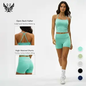 YIZHEN 2 Piece Workout Set Crisscross Back Halter Tank & High Waisted Tummy Control Biker Shorts Butt Lifting Activewear for Gym & Casual outdoorfun