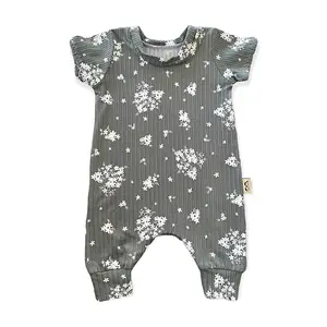Minimal Floral on Olive Baby Romper - Handmade Soft Fabric One Piece with Stretchy Neck, Loose-Fitting Design for Any Occasion