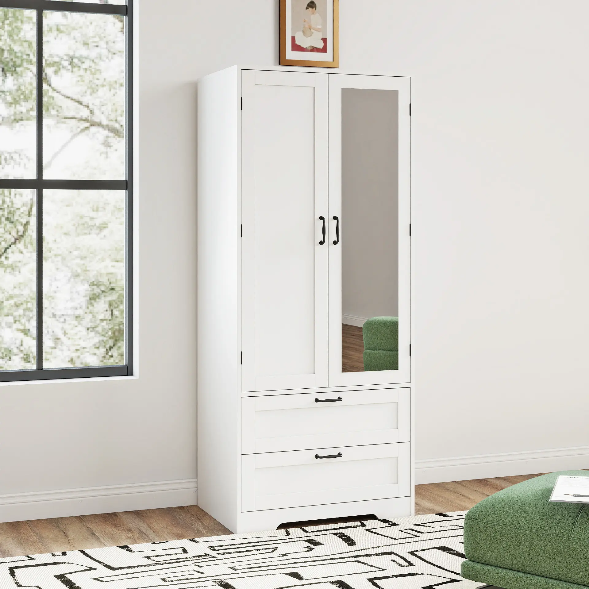 65.3" Modern Armoire Wardrobe Closet with Mirror, 2-Door Tall Wardrobe Closet with Sliding Doors 2 Large Drawers Hanging Rod Anti-Tip Kit Freestanding Closets for Bedroom, Apartment, Cloak Room