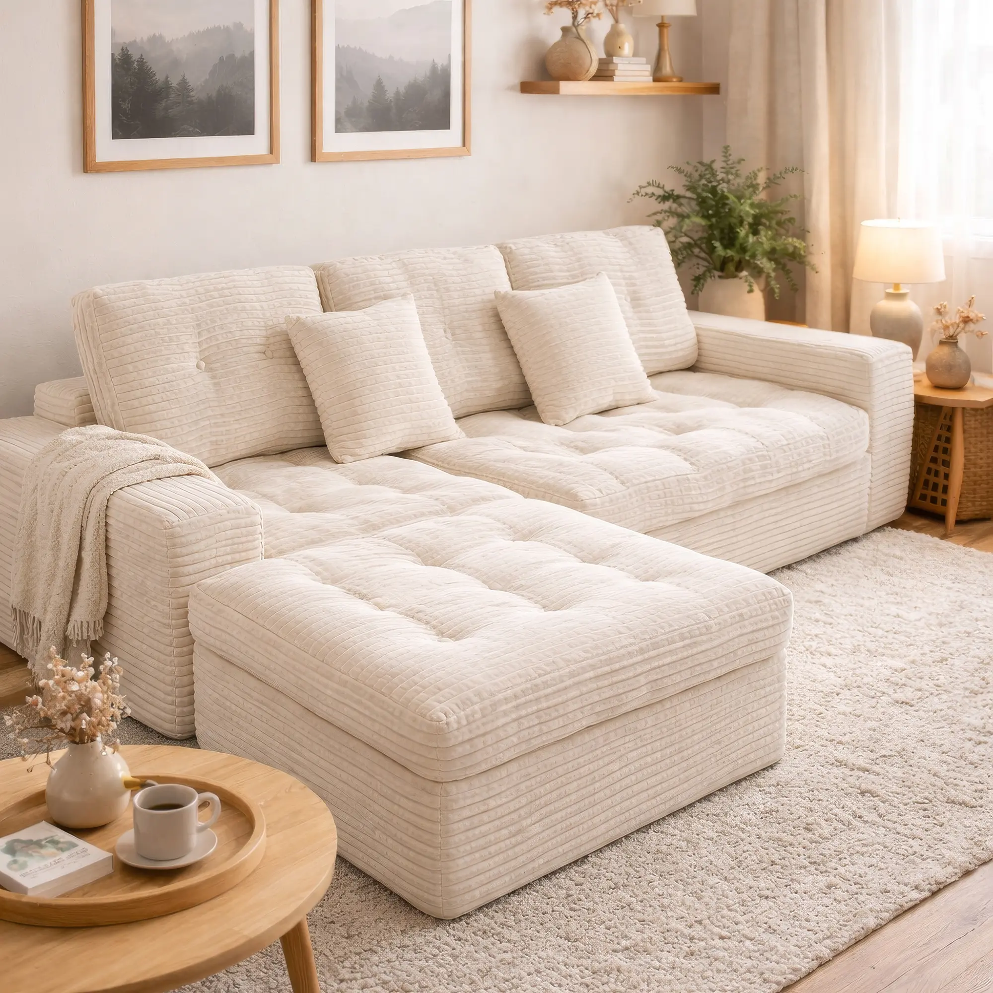 Cream White 105x65.6x24in Oversized Modern Modular Cloud Sofa Set with Ottoman, Family-Friendly 3-4 Seater Sturdy DIY Sectional Couch, Sponge-Polyurethane Foam Faux Rabbit Fur Velvet Upholstery Living Room Furniture