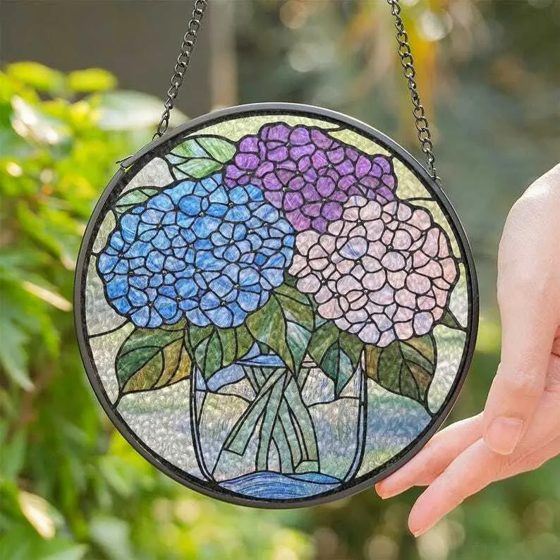 Stained Glass Hydrangea Suncatcher, Hydrangea Glass Windows Hanging, Blue Hydrangea Flowers Suncatcher, Hydrangea Blooms Decor TD-0219-IEZ8