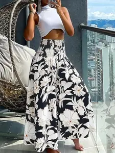 Boho Print Ruched High Waist Wide Leg Pants, Flowy Long Pants for Summer Beach Vacation, Casual Boho Pants, Women's Fashionable Loose-Fitting Bottoms