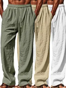 3pcs Summer Lightweight Linen Casual Lounge Pants for Men, Loose-Fit Straight Leg Wide Leg Trousers, Solid Color Breathable Tie Long Pants, Best Holiday Gift