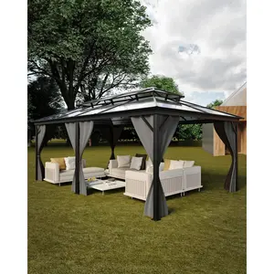 12'x20' Hardtop Gazebo ,Double Polycarbonate Roof, Sturdy Aluminum Alloy Frame, Netting & Curtains , Permanent Outdoor Pavilion for Patio Deck Backyard Garden Lawns, Gray summervibes
