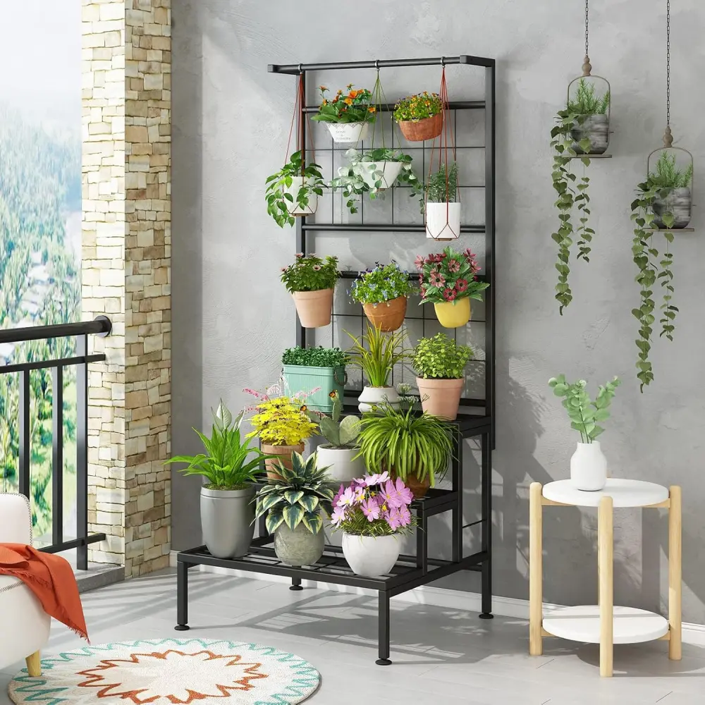 SUOERNUO Heavy Duty 3-Tier Hanging Plant Stand with Grid Panel, Flower Pots & Planters Organizer, Vertical Garden Accessory for Indoor-Outdoor Hanging Baskets (Living Room, Balcony Display), Nursery Pots