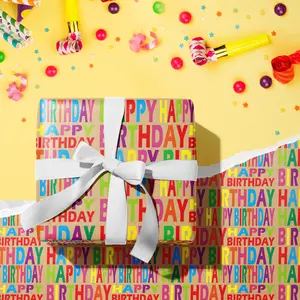 RUSPEPA Kraft Wrapping Paper Roll - Mini Roll - Colorful Text Happy Birthday Design Great for Birthday, Party, Baby Shower - 17 Inches X 32.8 Feet Gift Packaging Gift Boxes