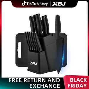 XBJ Premium 15-Piece Stainless Steel KitchenKnife Set with Built-in Sharpener |includes ChefKnife, Japanese Knife, Meat Cleaver, Bread KnifeSteak Knives & Scissors|Washable, PlasticHandles | Perfect Gift Set,Block,Pink Serrated Stainless steel cutlery set