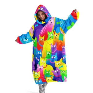 Hooded Blanket Wearable Cat Print Soft Warm Flannel Throw for Sofa Home Leisure Air Conditioning Nap Office Bed Camping Travel Valentine Gift