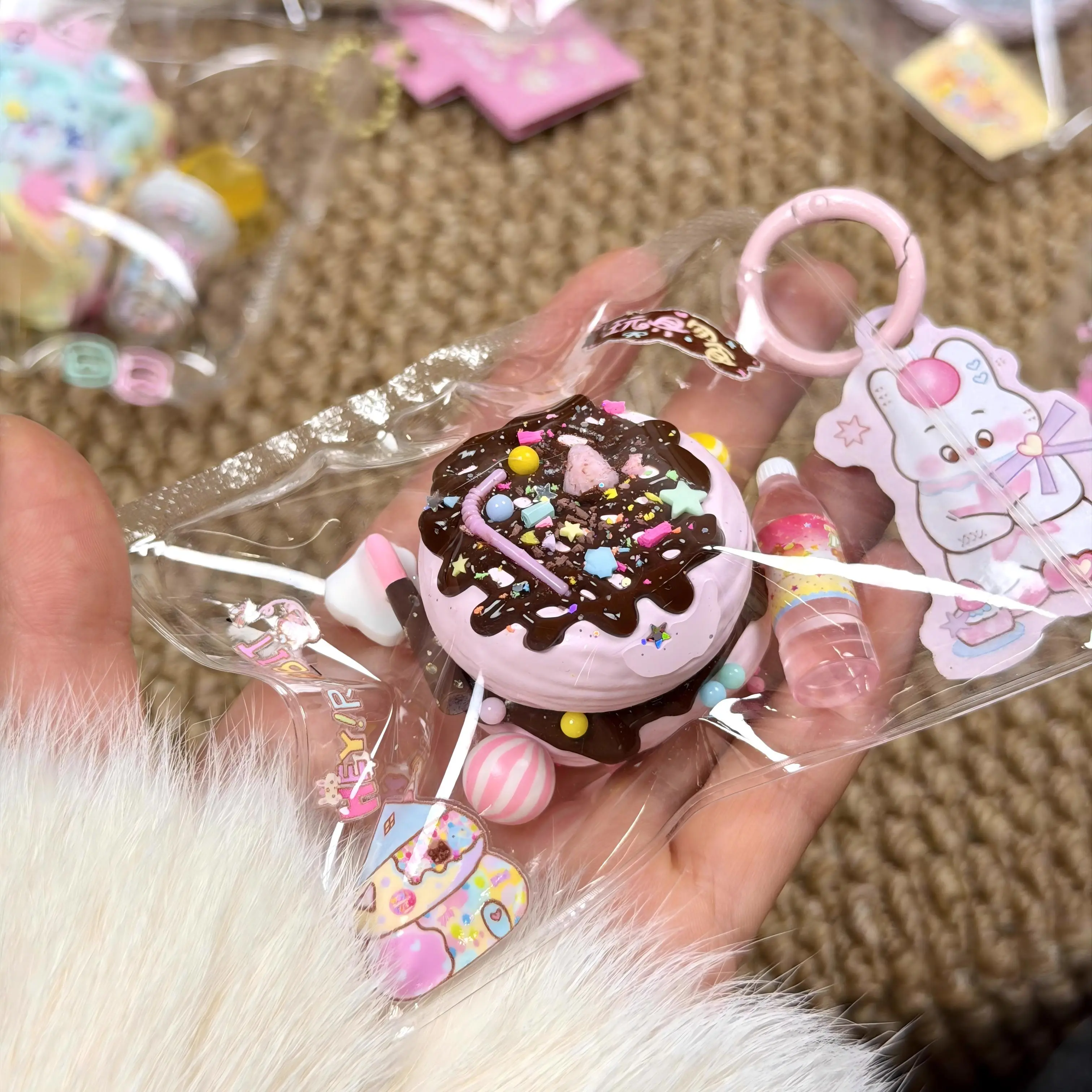 Cute, soft charm from the Little Burger series—squeeze toy, fluffy stress relief, non‑toxic silicone material, handmade