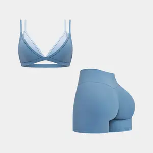MFVIM women’s “naked feel” layered bra and shorts set with shoulder straps, cutout back design bra top and high-waisted solid-color shorts, yoga fitness set