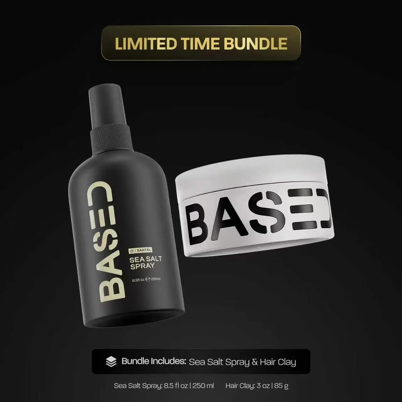 BASED Texture & Hold Duo: Sea Salt Spray & Hair Clay Bundle - Science-Backed Volumizing Spray with Kelp & B5 + Strong Hold Texturizing Clay with Santal Sandalwood, Low Shine, Paraben Free