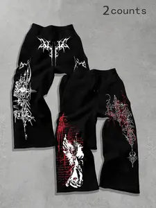 Men's Casual Loose-Fit Drawstring Pants, 2-Pack Graphic, Letter & Angel Print Sweatpants, All-Season Comfortable Fit for Daily Wear