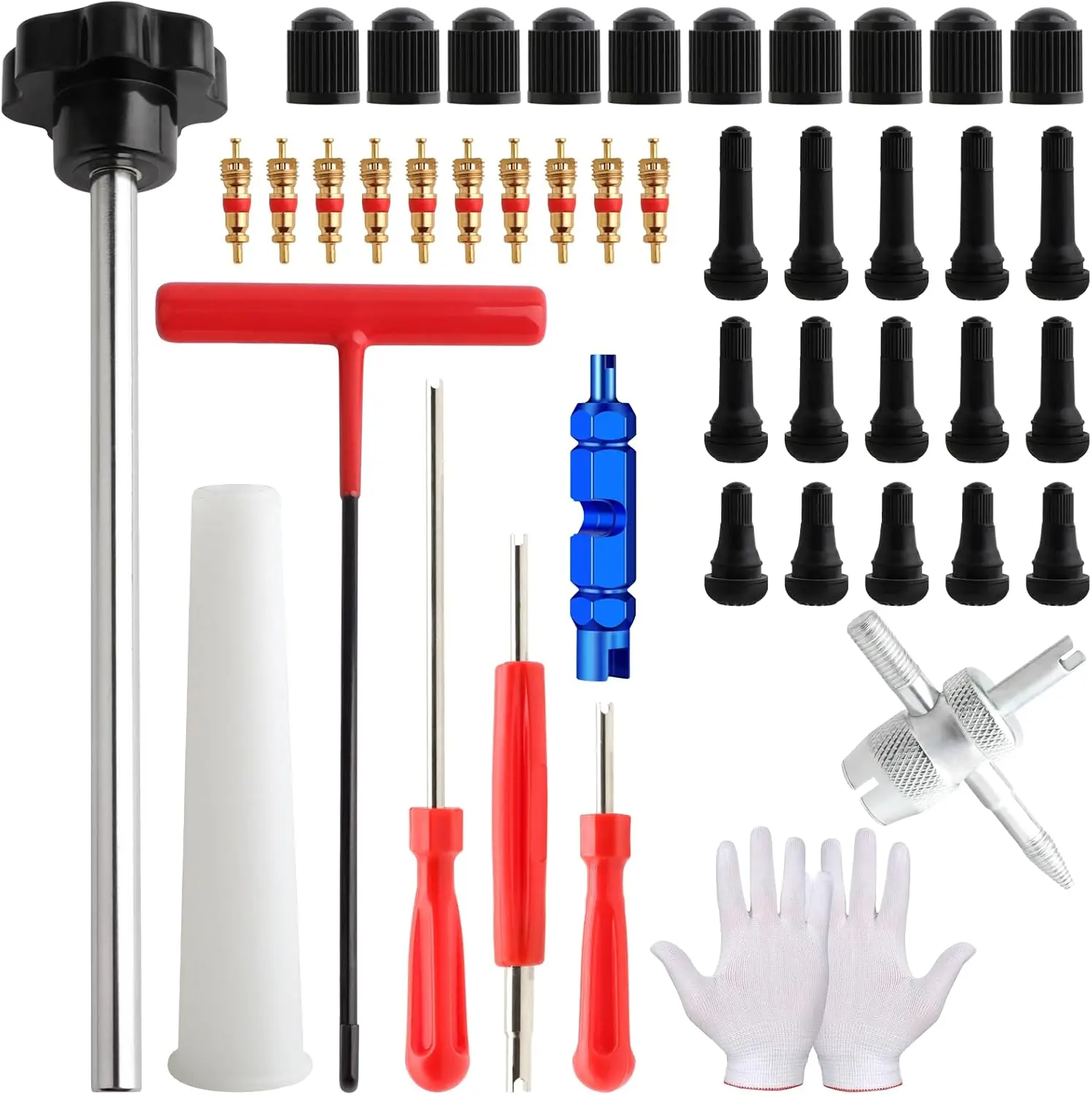 45PCS Tire Valve Stem Repair Kit, Valve Core Removal Tool with 4 Way Remover & TR412 TR413 TR414 Rubber Valve Stems for Car Maintenance