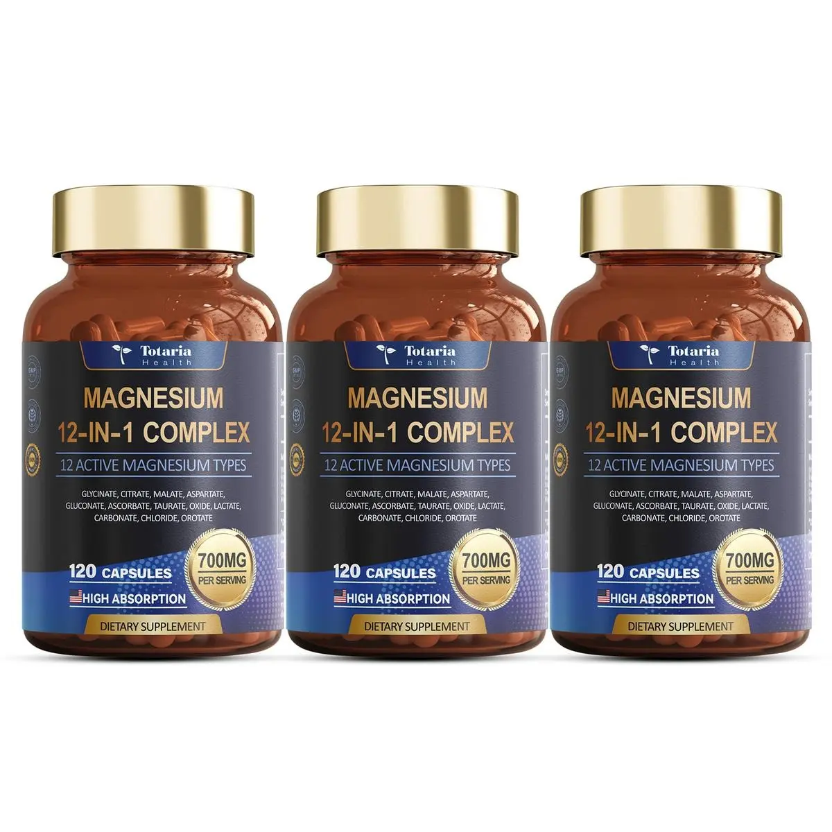 3X Totaria 12-in-1 Magnesium Complex 700mg - Supplement with Glycinate Citrate Malate Oxide Taurate Aspartate Orotate, Vegan Capsules for Muscle, Heart, and Relaxation Support 12-in-1 magnesium complex Healthcare Dietary vitam