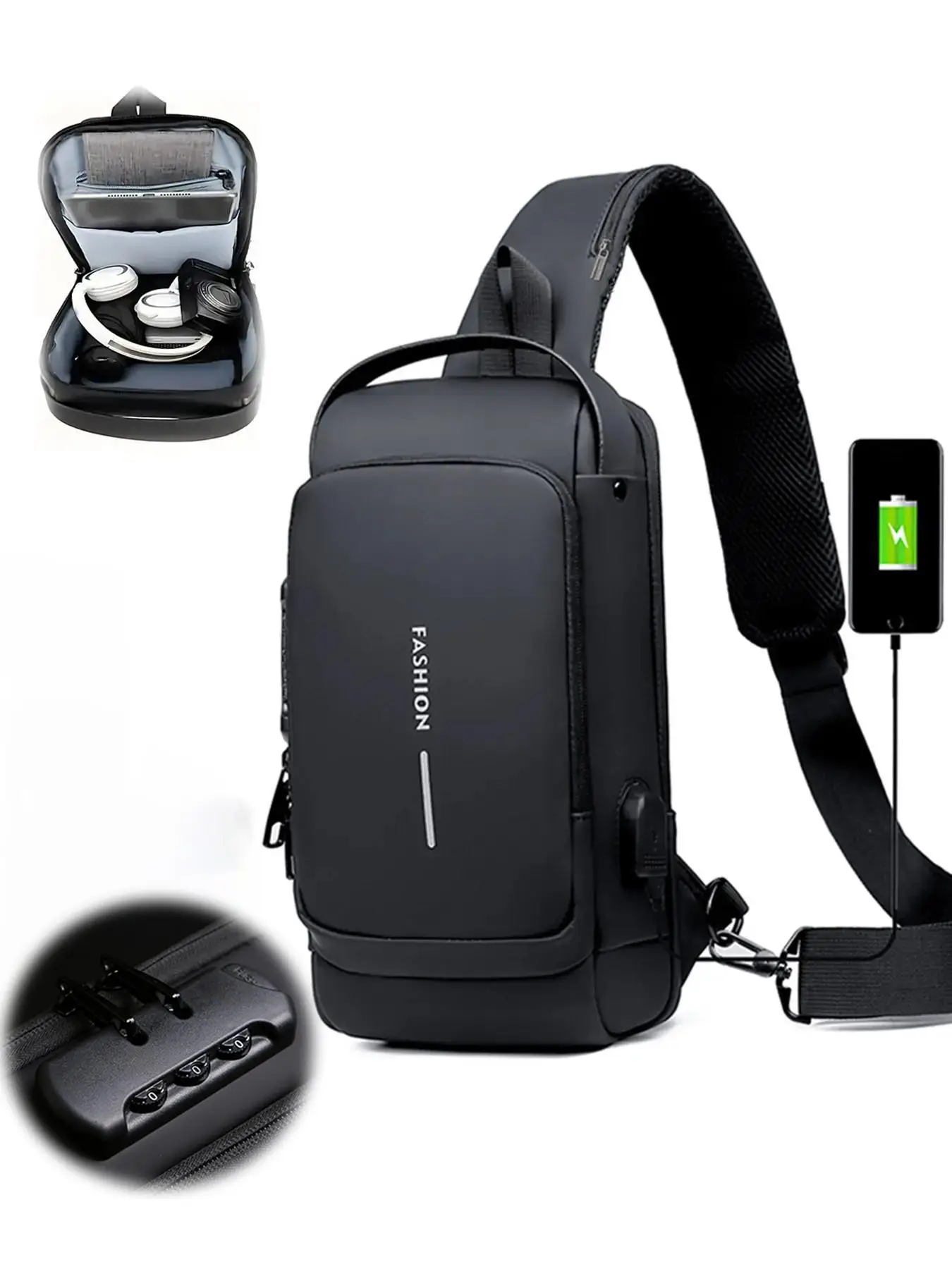 Men's Sporty Sling Bag with Combination Lock & USB Port, Business Waterproof Chest Bag, Simple All-match Designer Bag for Travel