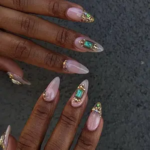 SHEDARES Royal Turquoise  – Handmade Nude Stiletto Press-On Nails with Green Marble Gemstones, Gold Accents & Crystal Charms – Luxury False Nails for Weddings & Parties