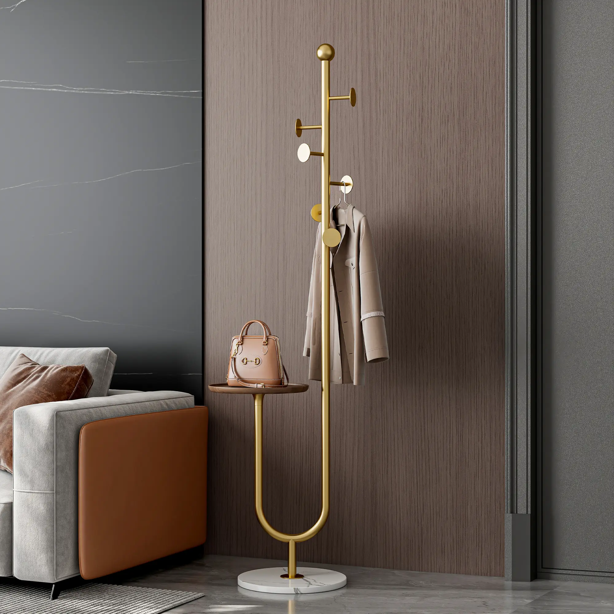Modern Gold Coat Rack with Marble Base, Entryway Hall Tree with  small round trayand Hooks, Freestanding Metal Coat Hanger Stand for Clothes, Bags, Hats