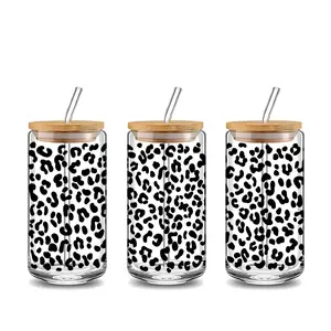 Minimalist Leopard Pattern Design 16oz Covered Straw Glass Drinking Cup, Tumbler, High-Quality Glass Jar Design, Suitable for Iced Coffee, Beer, Juice, Glassware. Perfect Gift for Coffee Lover, Mom, Family and Friends