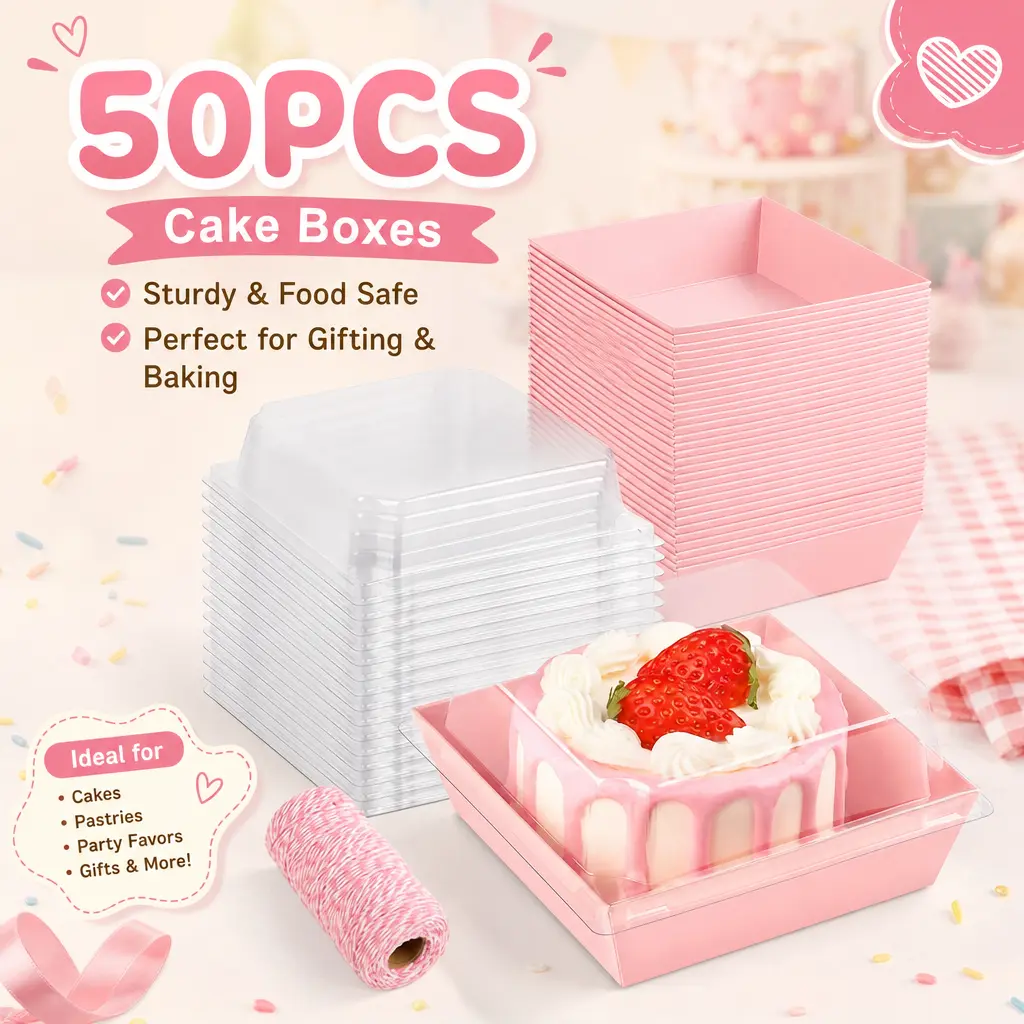 50 Pack Small Pink Paper Charcuterie Boxes with Clear Lids – 4 Inch Square Disposable To-Go Containers for Desserts, Strawberries, Cake Slice, Cookies