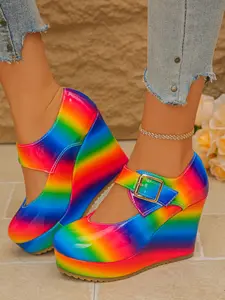 Women's Rainbow PU Leather Mary Jane Sandals, Buckle Thick Sole, Casual Stylish Less Than Ankle Height, Solid Pattern, Party Shoes