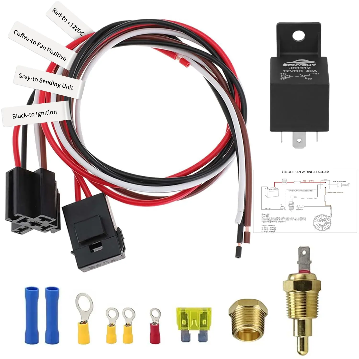 Electric Fan Relay Kit 40 AMP Automotive Relay Thermostat Switch Kit for Radiators Fans Temperature Sensor Switch 185 On 175 Off, Waterproof 12V Electric Cooling Fan Relay Switch Wiring Kit