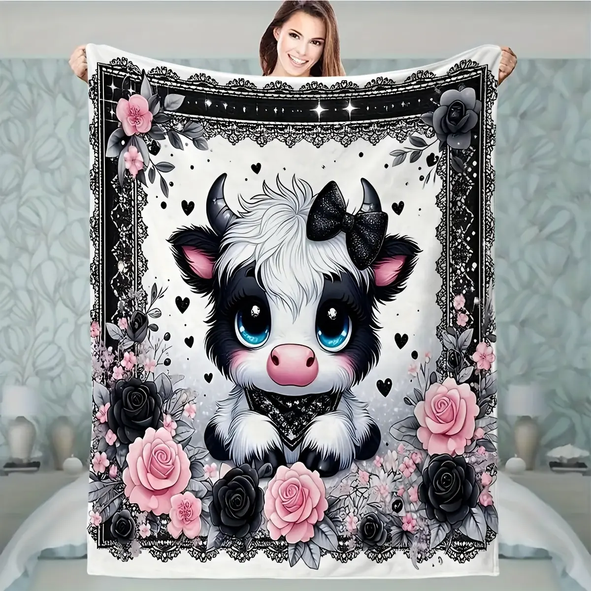 High-definition digital printing Highland cow black and white blanket set, double-sided comfortable soft multi-purpose small quilt, nap blanket, suitable for home, bed, sofa decorative blanket set of 1