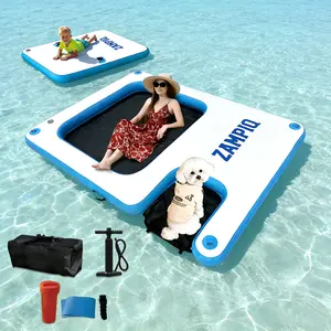Inflatable Floating Dock with Mesh, Lake Floats with Boat Ramp Tanning Pool Lounger Water Hammock for Family Party Pool Sea River Dock Boat summerwins