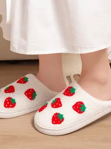 Sweet Strawberry Plush Slippers, Home Slippers, Fresh Fruit Design, Soft Fuzzy Wrap Feel, Anti-Slip Durable Thick Sole, All-Season Bedroom Living Room Casual Slipper Women Footwear