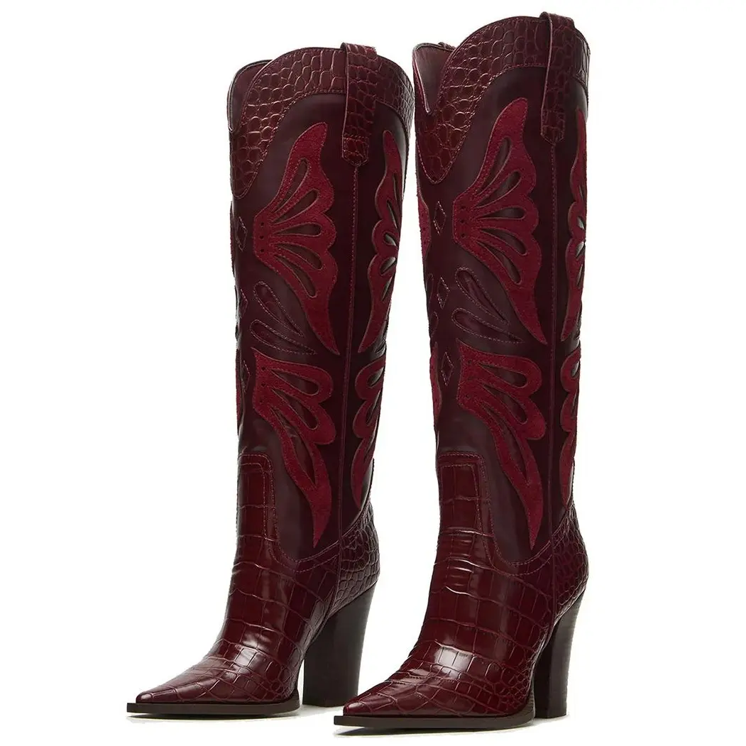 EROCALLI Women's Butterfly Embroidery Womens Cowboy Boots Vintage Chunky Heel Wide Knee High Boots Pointed Toe Pull on Western Shoes summerwins