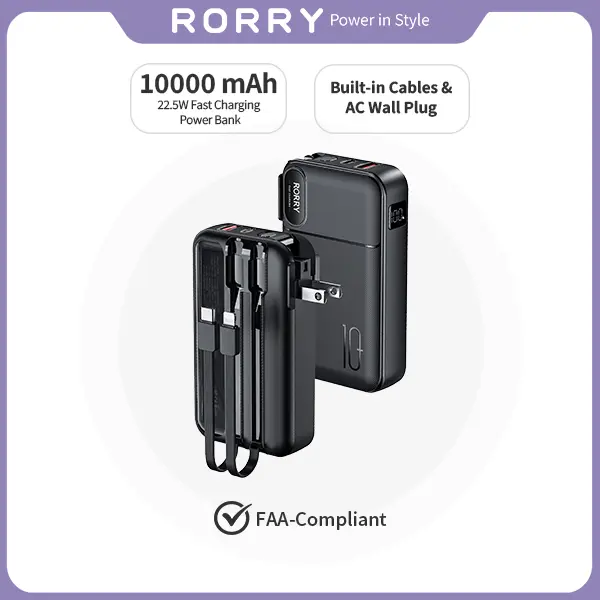 RORRY 10000mAh Portable Charger 22.5W Fast Charging Built-in Cables Foldable AC Wall Plug Lightweight Compact Phone Accessories Tech Gadget for Device Charging