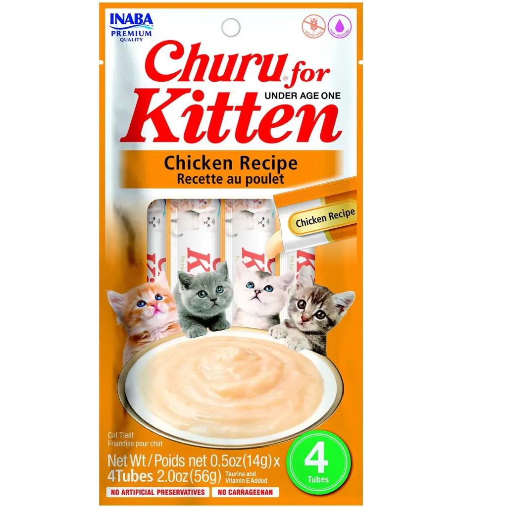 INABA Churu Lickable Cat Treats - Chicken Recipe, Grain-Free Vitamin-Infused Puree with Fish Oil & Tapioca Starch, 0.5 oz x 4 Tubes, Ideal for Kittens & Infant Cats, Pet Supplies