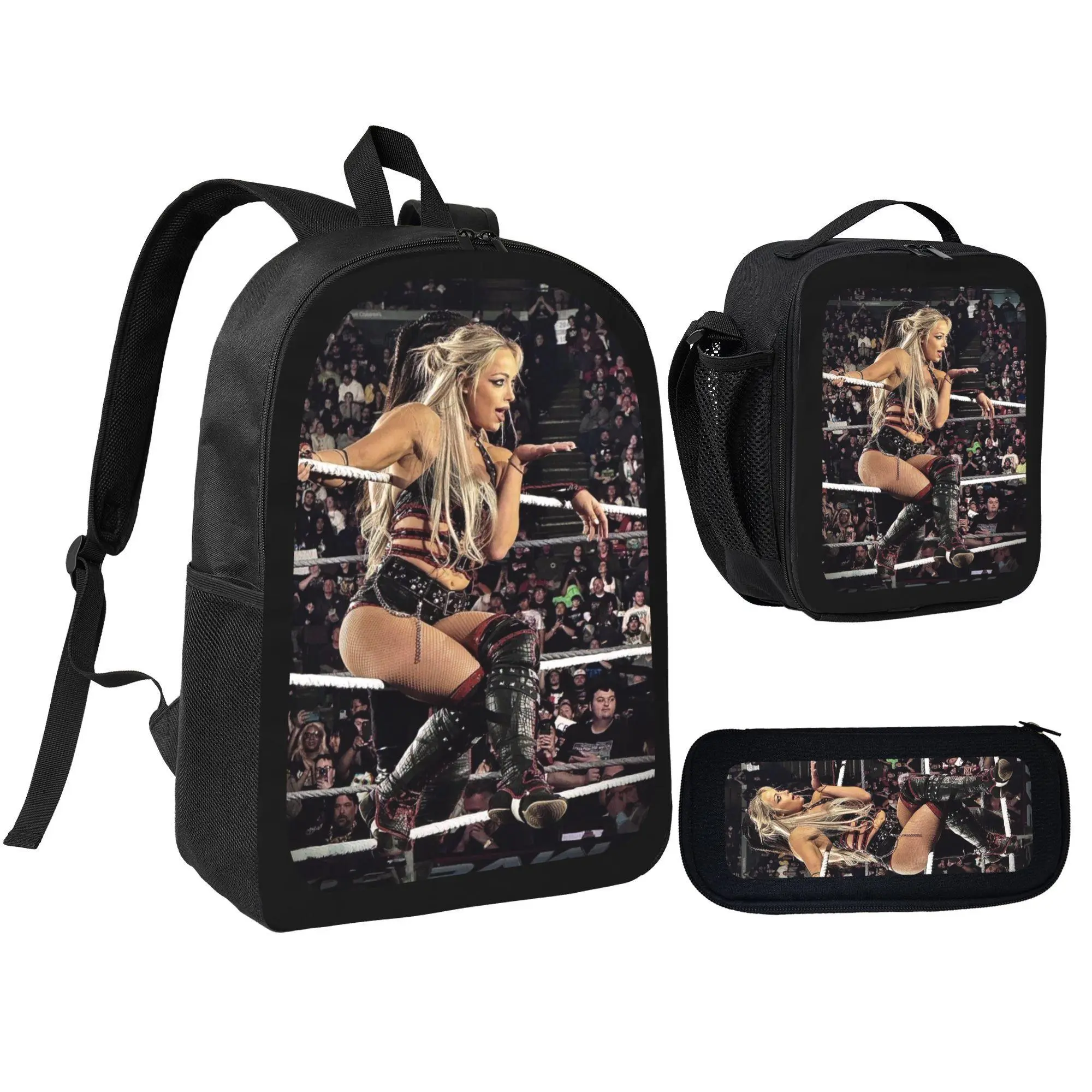 [3Pcs Backpack Set] WWE Female Wrestler In Ring Action Print with Lunch Bag Pencil Pouch School Bag For Girls Teens Students Wrestling Fans Back To School Daily Use