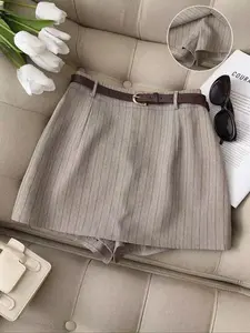 Women's High-Waisted Belted Fitted Skirt, Bottom, Soft Texture Striped Woven Fabric, Casual Commuter Fashion, Inner Safety Pants Included