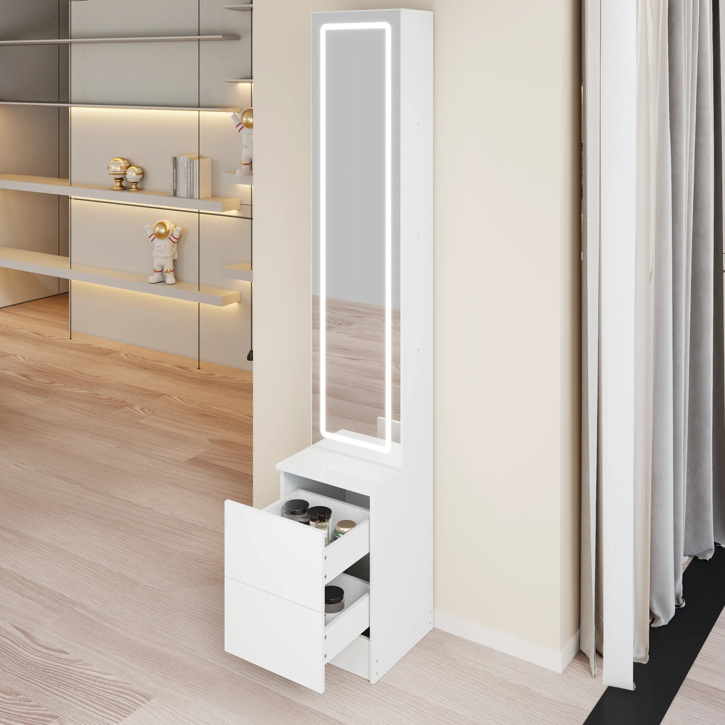 Wood Sturdy LED Dressing Mirror Cabinet (11.8"x15.7"x63") - Built-in Lighting, 120 Lumens, Adjustable Brightness, Extra-Large Mirror, Cosmetic & Jewelry Storage Organizer, Multi-Layer High-Capacity Storage, Any Room, Assembly Required