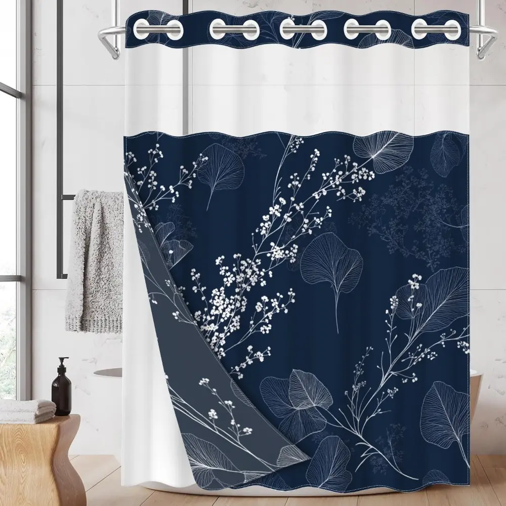 1pc hookless shower curtain with buckle lining, blue background with white floral and leaf design, 2D flat print, waterproof fabric lining, see-through double-layer, 71 x 74 inches, home curtain, Bathroom Decor, Shower Curtain Liner