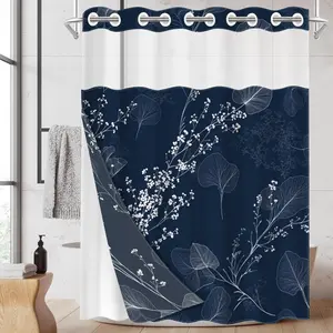1pc hookless shower curtain with buckle lining, blue background with white floral and leaf design, 2D flat print, waterproof fabric lining, see-through double-layer, 71 x 74 inches, modern home curtain, Bathroom Curtain, Shower Curtain Liner