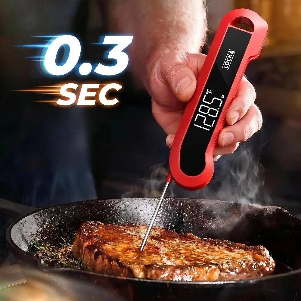 Digital Instant Read Meat Thermometer - 0.3 Sec Fast Reading, ±0.5°F Precision, Kitchen Accessories for Outdoor Grill, Air Fryer, Candy Making, BBQ Essentials, Compact Gifts for Men Dad Birthday, Red