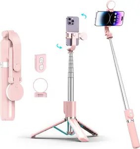 Selfie Stick with Rechargeable Remote & Light, Tripod for iPhone, Cell Phone Stand for Video Recording, Portable Travel Essentials Smartphone Mount Holder, Extendable Vlogging Filming Accessories