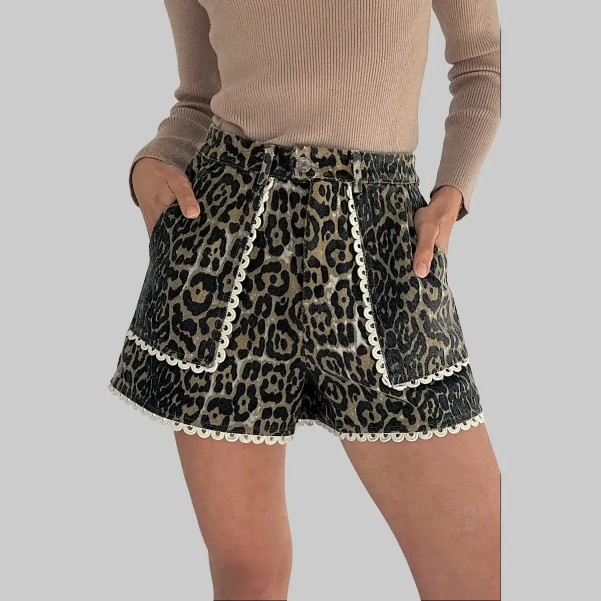 Dear-Lover Women's Leopard Print Cotton Spandex Shorts, Casual Above the Knee Denim with Feminine Lacy Scalloped Trim, Elastane